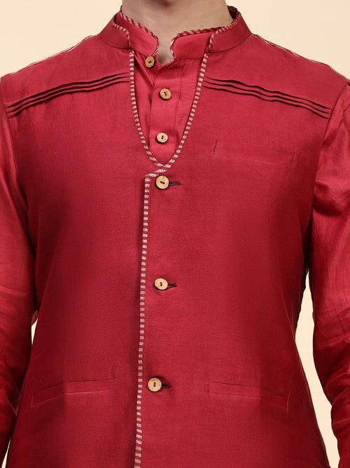 Red Chanderi Silk Men Kurta Set