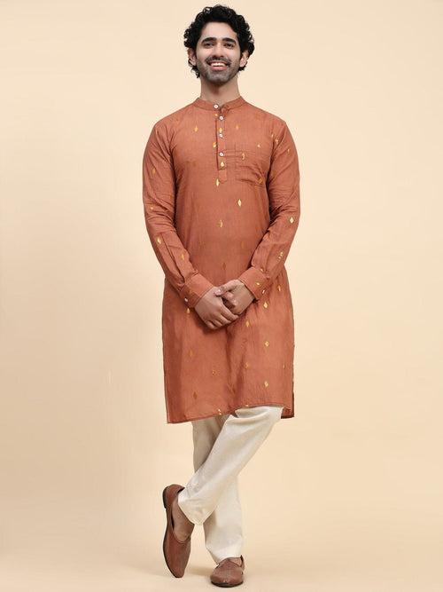 Rust Brown Cotton Men Kurta Set