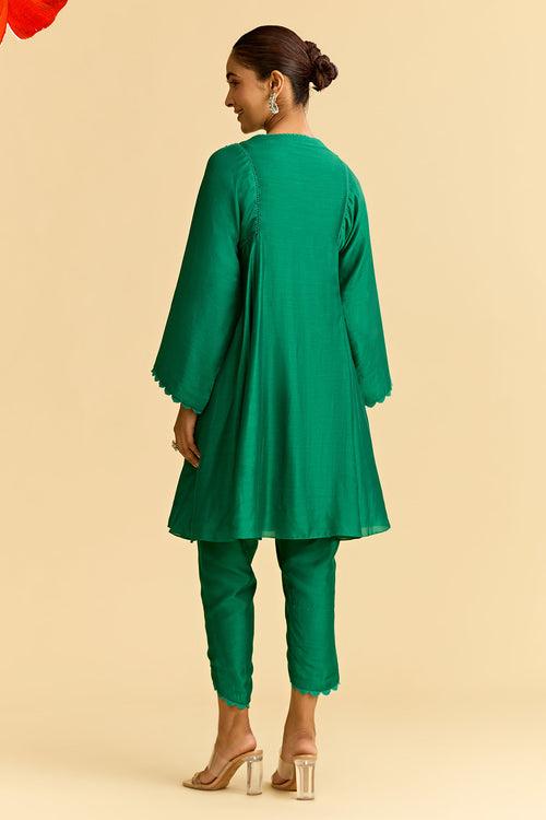 Green Silk Short Kurta With Tulip Pants