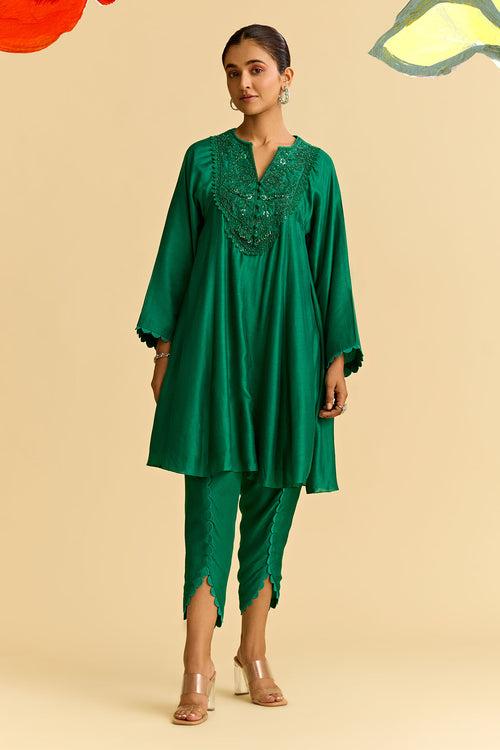 Green Silk Short Kurta With Tulip Pants