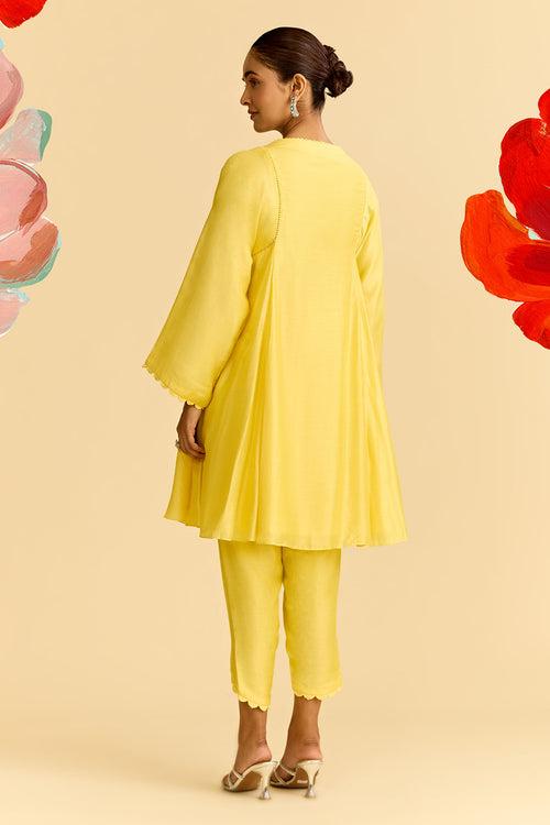 Yellow Silk Short Kurta With Tulip Pants