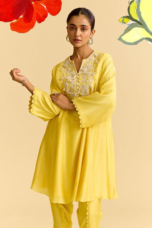 Yellow Silk Short Kurta With Tulip Pants