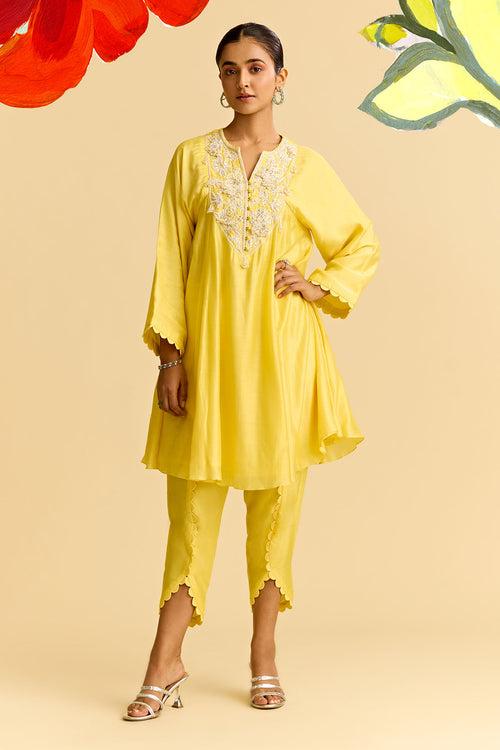 Yellow Silk Short Kurta With Tulip Pants