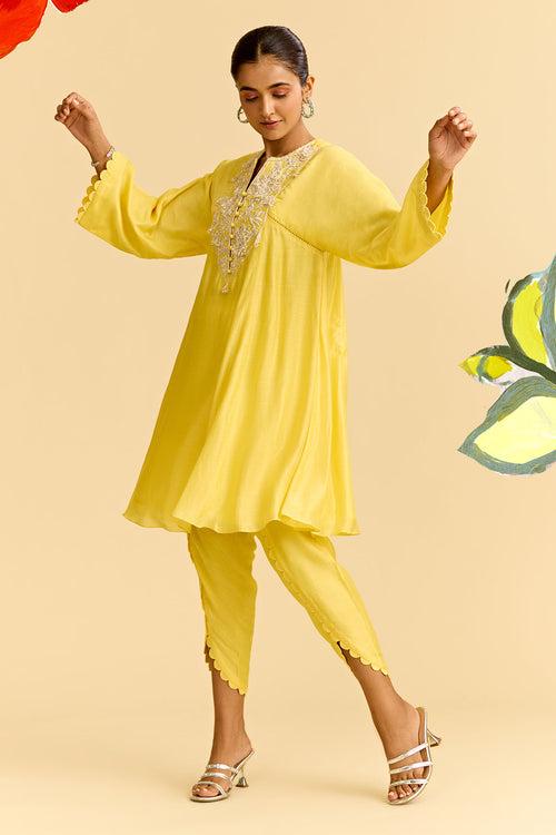 Yellow Silk Short Kurta With Tulip Pants