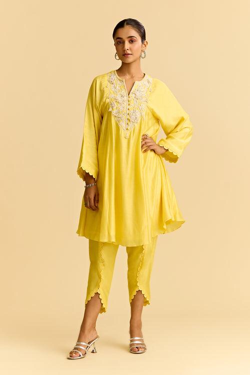 Yellow Silk Short Kurta With Tulip Pants