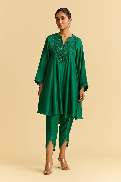 Green Silk Short Kurta With Tulip Pants