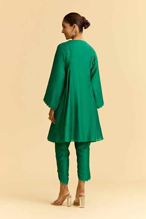 Green Silk Short Kurta With Tulip Pants
