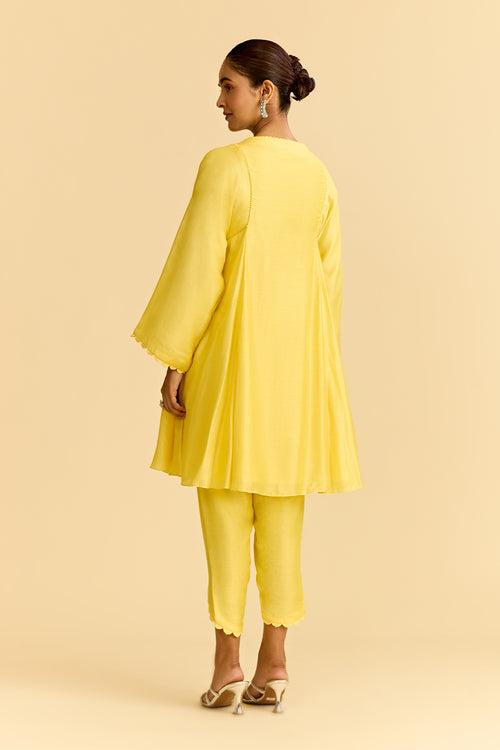 Yellow Silk Short Kurta With Tulip Pants