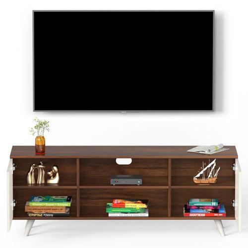 Harmond Engineering Wood Floor Standing TV Entertainment Unit Set Top Box Stand/TV Cabinet with Shelves for Books & Décor Display Unit Bed Living Room Upto 55 Inches (Brown Maple & White)