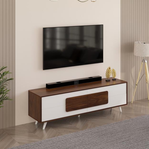 Mayrone TV Unit & Cabinet with Storage Drawers, Ideal for Up to 60" (Brown Maple & Frosty)