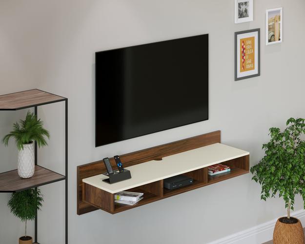 Reynold TV Unit for Living Room with Storage Shelves (Brown Maple & Beige)