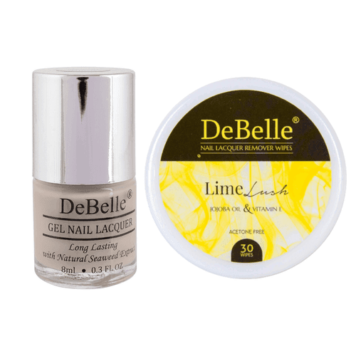 DeBelle Gel Nail Lacquer Natural Blush & Lime Lush Nail Lacquer Remover Wipes Combo