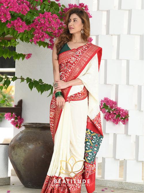 White Embroidered Patola Border Saree