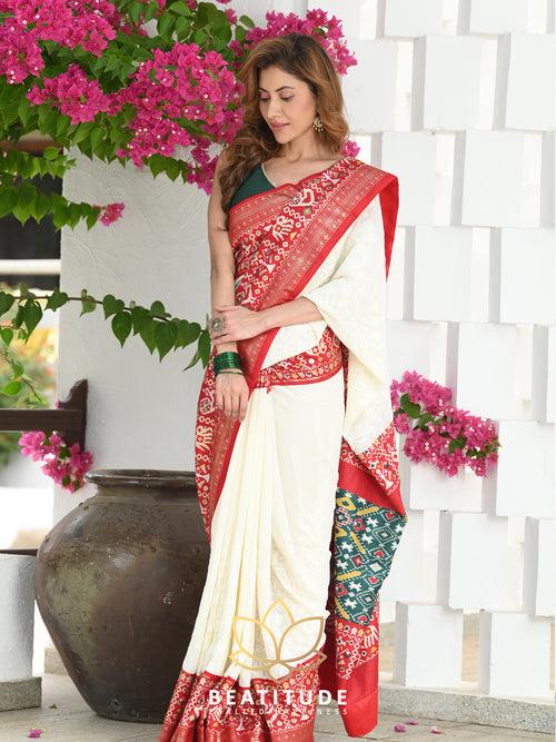 White Embroidered Patola Border Saree