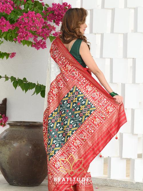 White Embroidered Patola Border Saree