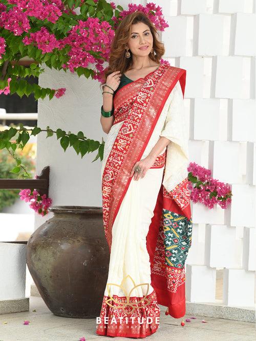 White Embroidered Patola Border Saree