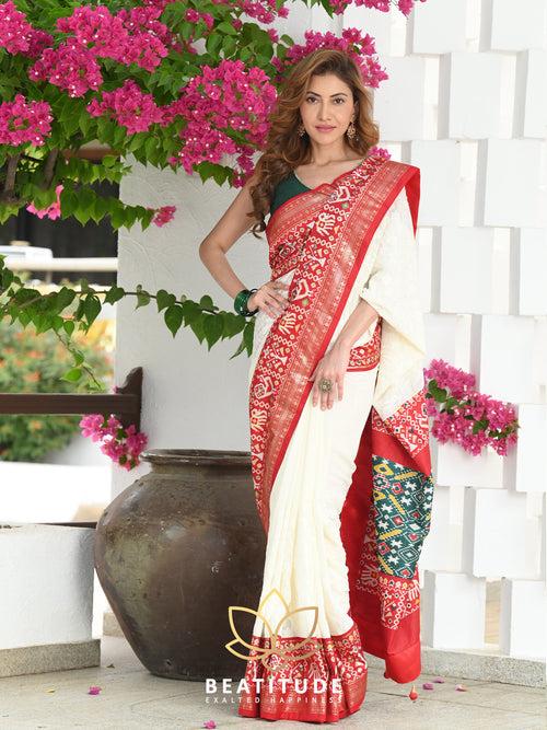 White Embroidered Patola Border Saree