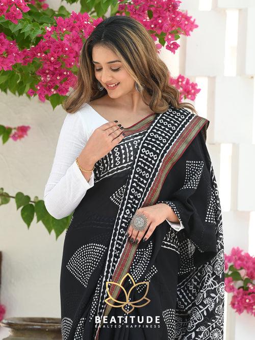 Black Cotton Handblock Saree