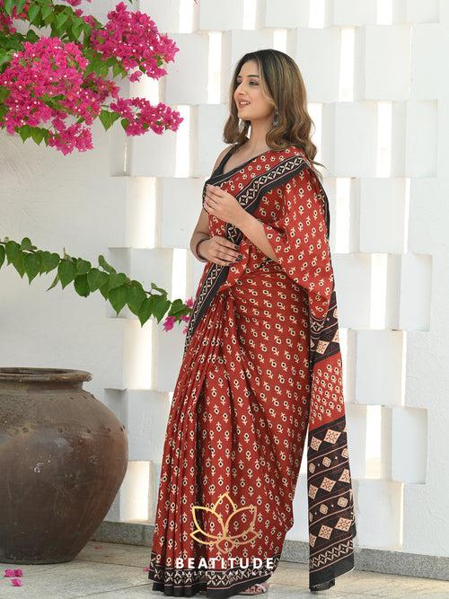 Red Mul Cotton Handblock Saree