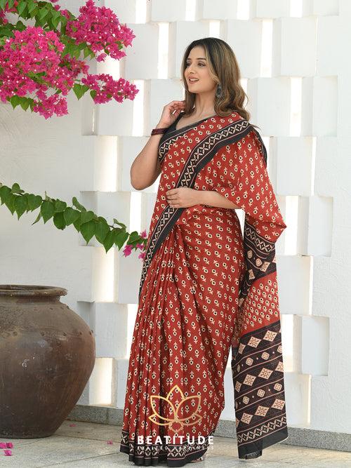 Red Mul Cotton Handblock Saree