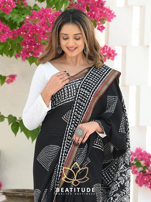 Black Cotton Handblock Saree