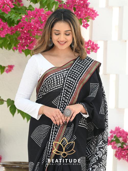 Black Cotton Handblock Saree