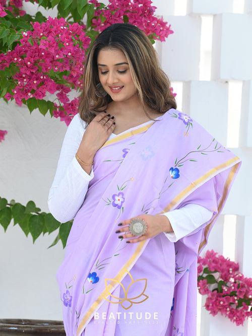 Lavender Cotton Handblock Saree