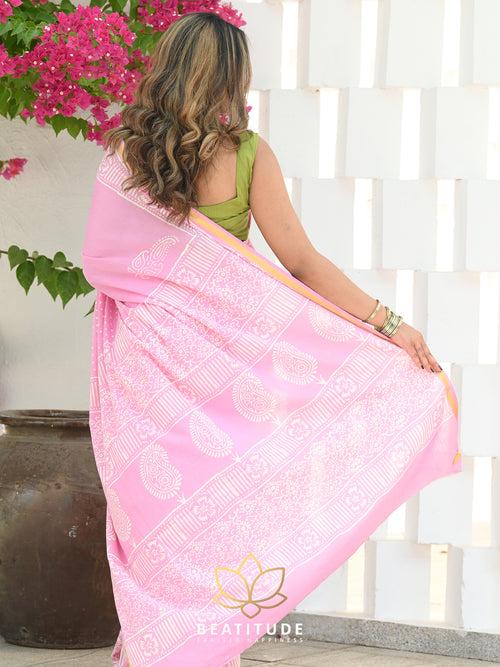 Pink Cotton Handblock Saree