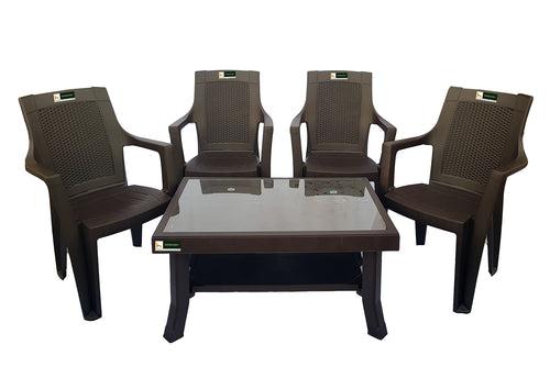 Nilkamal Rogue Coffee Table Set with 4 Mystique Chairs (Weather Brown)