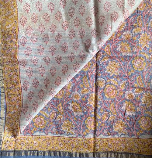 Tahiti Twilight - Sanganeri block printed Chanderi saree