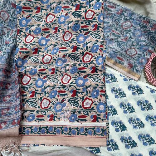 Cotton dress material, Kota dupatta, handblock printed - Sanganeri