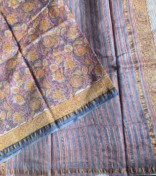 Tahiti Twilight - Sanganeri block printed Chanderi saree