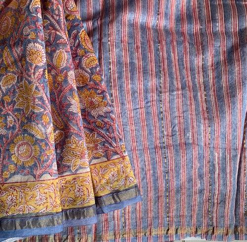 Tahiti Twilight - Sanganeri block printed Chanderi saree