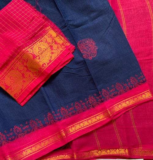 Kundavai- cotton Sungudi with hand block prints and kattam blouse