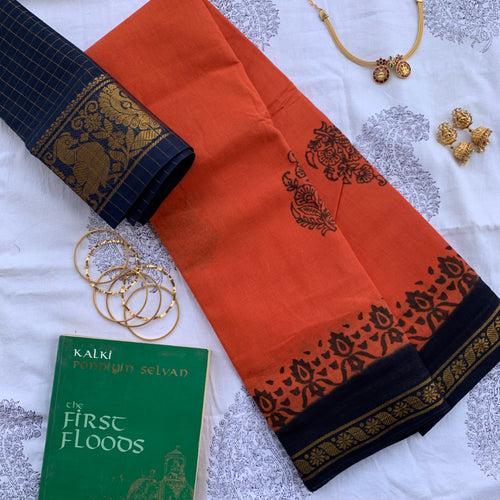 Ilayapirrati - cotton Sungudi with hand block prints and kattam blouse