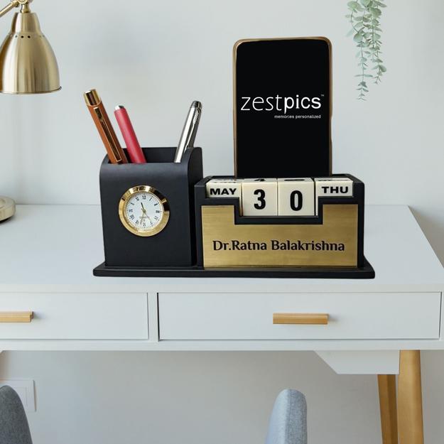 Personalized Wooden Tabletop Lifetime Calendar with Clock, Pen Holder & Mobile Stand