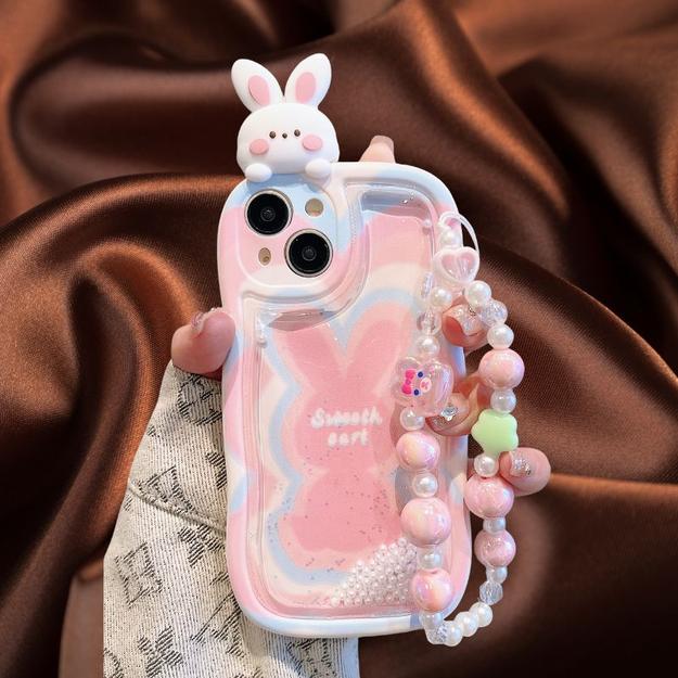 Cute Bunny Moving Pearls Glitter Cover(with Lanyard)