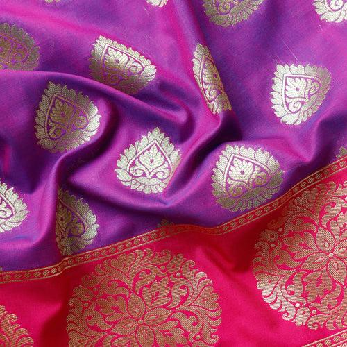 Katan Brocade Silk Fabric - Purple with Hot Pink Border