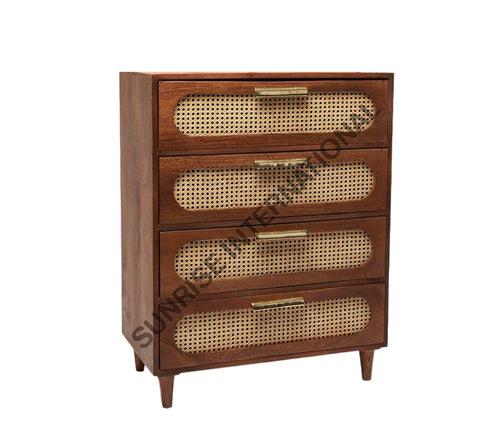 Mid Century Sheesham wood chest of 4 drawer cabinet with rattan cane work !