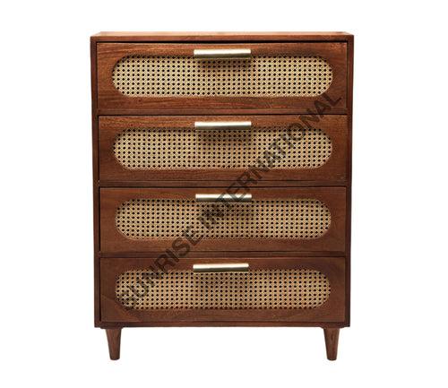 Mid Century Sheesham wood chest of 4 drawer cabinet with rattan cane work !