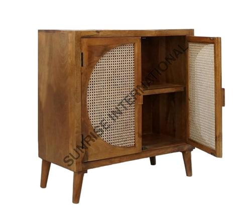 Mid Century wooden sideboard cabinet with rattan cane work !