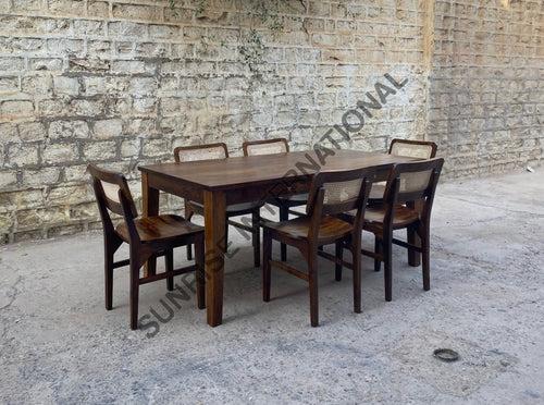 Mid century Solid Sheesham Wood Storage Dining table with 6 rattan cane chair furniture set !