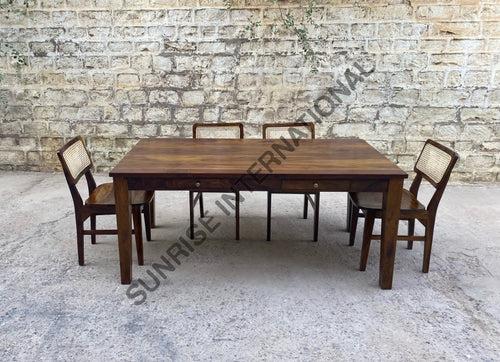 Mid century Solid Sheesham Wood Storage Dining table with 6 rattan cane chair furniture set !