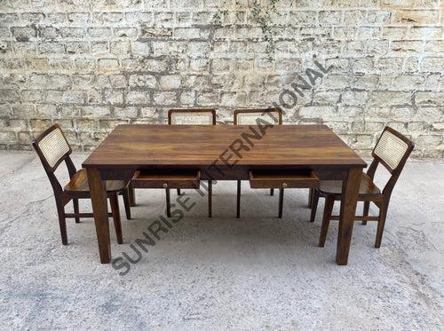 Mid century Solid Sheesham Wood Storage Dining table with 6 rattan cane chair furniture set !