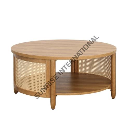 Wooden coffee center table in round shape with rattan cane work & bottom shelf !