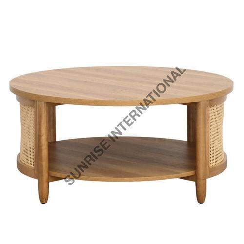 Wooden coffee center table in round shape with rattan cane work & bottom shelf !