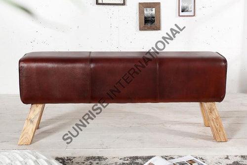 wooden Vintage leather bench - Leather Furniture