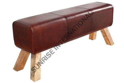 wooden Vintage leather bench - Leather Furniture