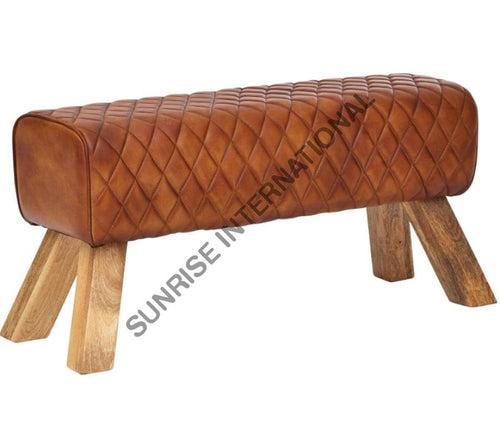 wooden Vintage leather bench - Leather Furniture