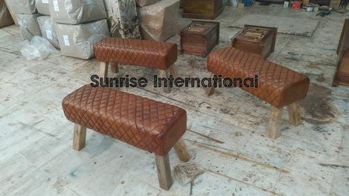 wooden Vintage leather bench - Leather Furniture